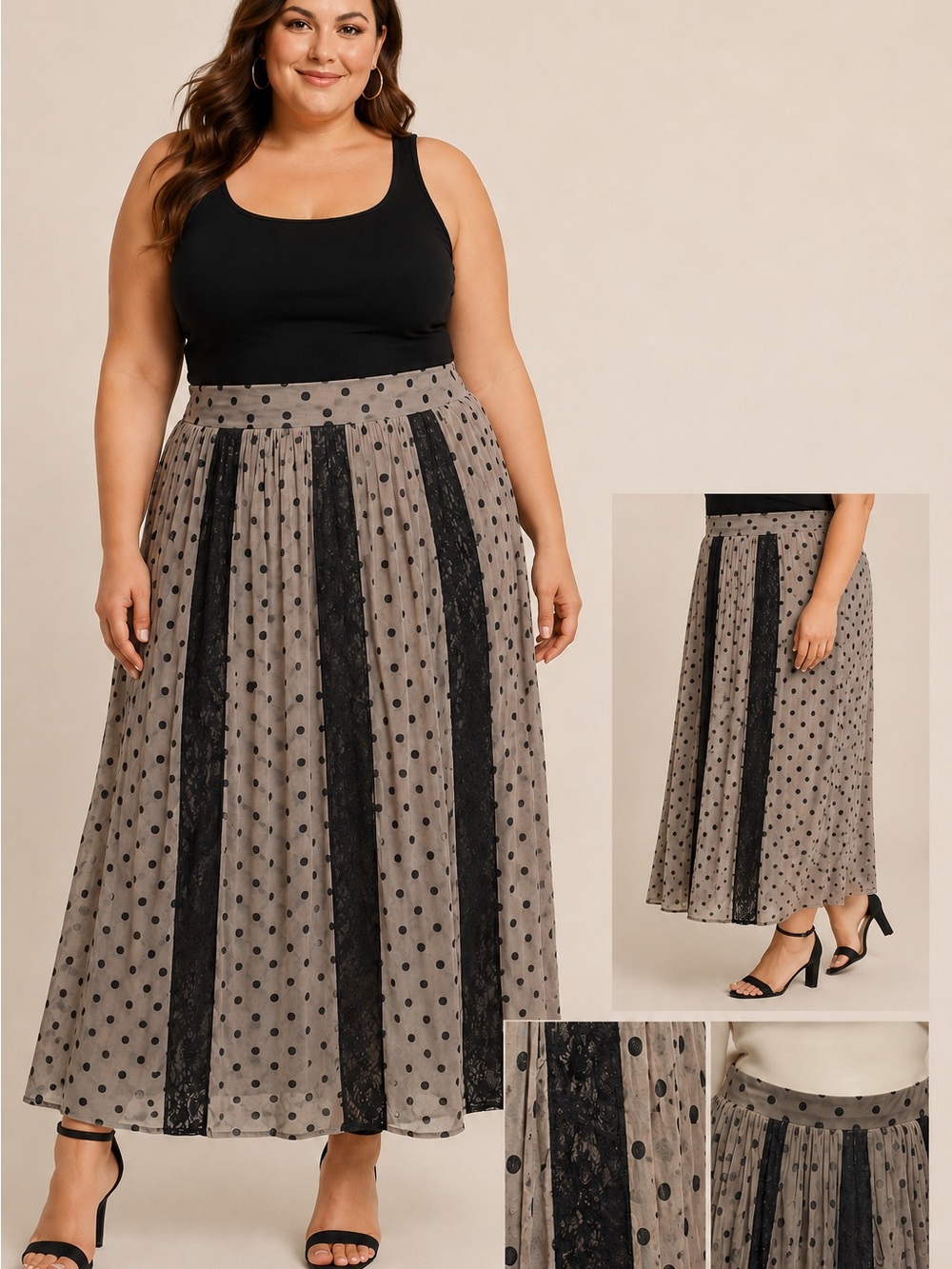 Torrid Polka Dot Mesh Lace Maxi Skirt Size 1 Gray Black